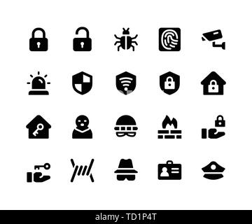Simple Jeu d'icônes vectorielles sécurité glyphe. Contient des icônes telles que verrouiller, déverrouiller, bug, l'impression de doigt et plus. pixel vecteur parfait icônes correspondant o Illustration de Vecteur