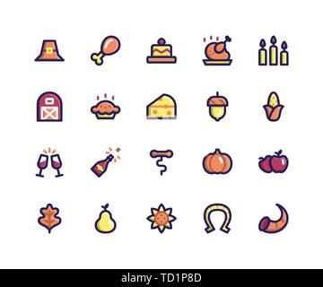 Simple Jeu d'action de grâce de vecteur ligne connexes rempli d'icônes. Contient des icônes telles que pilgrim hat, aile de poulet, gâteau, bougies, grange et plus. pixel par Illustration de Vecteur