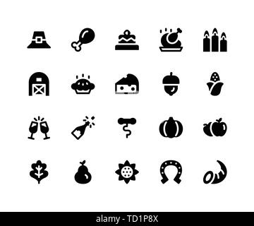 Simple Jeu d'icônes vectorielles liées Thanksgiving glyphe. Contient des icônes telles que pilgrim hat, aile de poulet, gâteau, bougies, grange et plus. pixel perfect v Illustration de Vecteur