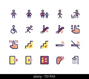 Simple Jeu d'orientation Ligne rempli de vecteur connexe d'icônes. Contient de telles icônes comme signe, homme, femme, marcher, courir, en fauteuil roulant et plus parfait des pixels. Illustration de Vecteur