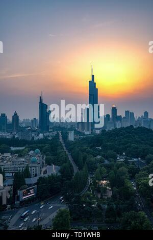 Nanjing Hexi Huile CDB Fang Bridge Coucher du Soleil Banque D'Images