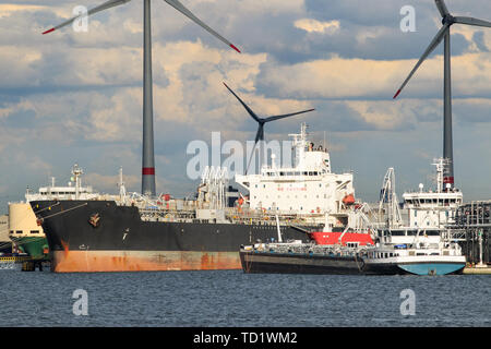 Tanker moored at une usine de production pétrochimique avec grands moulins à vent, Port d'Anvers, Belgique. Banque D'Images