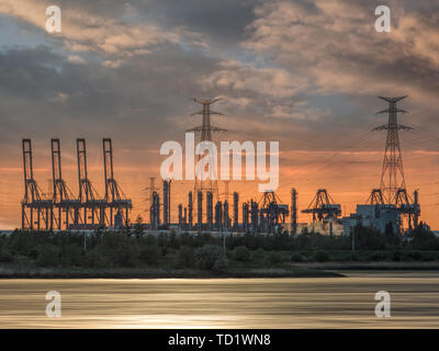 Rive avec des silhouettes de grues d'un terminal à conteneurs au cours d'une couleur orange coucher de soleil, Port d'Anvers, Belgique. Banque D'Images