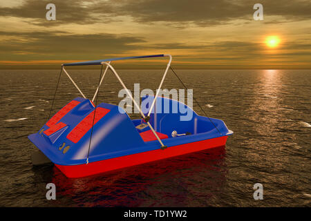 Bateau à aubes en mer au coucher du soleil, 3D Rendering Banque D'Images
