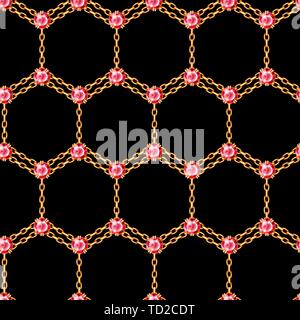 Modèle de chaînes d'or transparent et ruby Banque D'Images