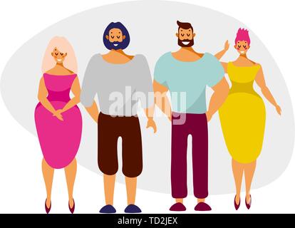 Les hommes et les femmes, personnages mignons avec des sourires dans la croissance. Vector illustration design plat. Un groupe de gens heureux sur un fond blanc. Illustration de Vecteur