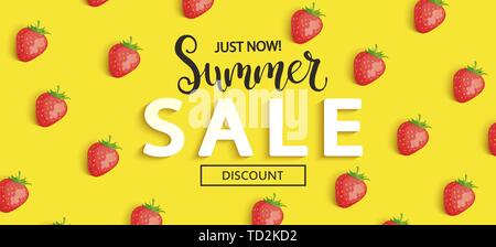 Vente d'été bannière fraise sur fond jaune Illustration de Vecteur