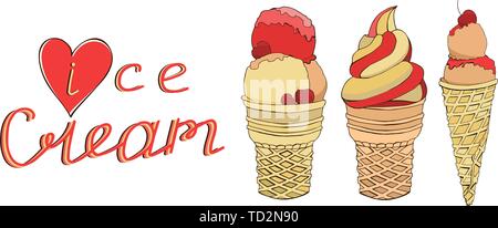 Jeu de vector hand drawn des glaces en cônes alvéolés isolé sur fond blanc. Croquis de couleur des images. La conception linéaire de l'été. Calligraphie.lettrage Illustration de Vecteur