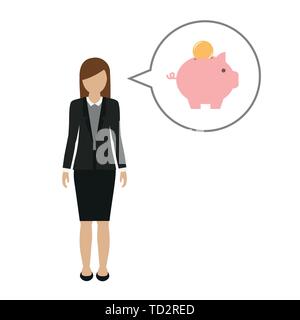 Business Woman personnage qui parle d'économiser de l'argent dans la tirelire vector illustration EPS10 Illustration de Vecteur