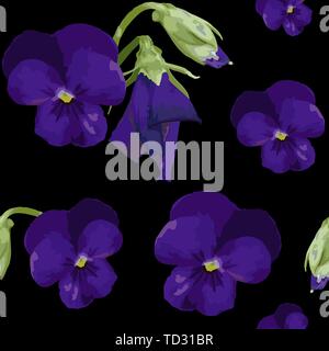 Avec motif transparent purple pensées et les bourgeons sur fond noir Illustration de Vecteur