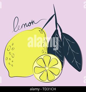 Vector illustration d'ensemble et couper des citrons sur fond rose pastel Illustration de Vecteur