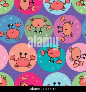 Crabe orange mignon jonglant avec des bulles. Seamless pattern géométrique cercles vecteur multidirectionnelle avec grille sur fond violet texturé. Super pour Illustration de Vecteur
