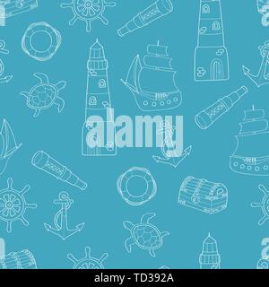 Doodle motif transparent sur thème de la mer : de bateau, phare, bouée, ancre, volant, télescope, tortue de mer. Contour blanc sur fond bleu Illustration de Vecteur
