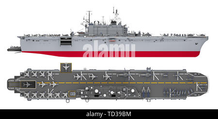 Côté porte-avions et Vue de dessus isolé sur blanc. Le rendu 3D Banque D'Images