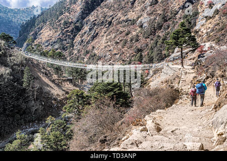 Les randonneurs de traverser le pont au-dessus de la rivière Imja Khola sur Everest Base Camp trek entre Pheriche et Namche Bazar au Népal. Banque D'Images