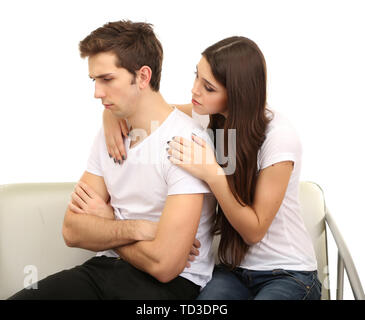 Jeune couple quarreling isolated on white Banque D'Images