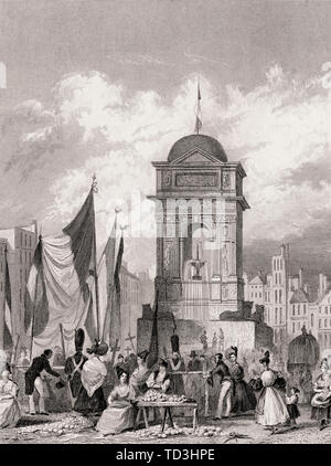 La fontaine des Innocents, Paris, antique print, 1831 gravée en acier Banque D'Images