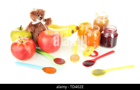 Purée de fruits pour bébé avec isolated on white Banque D'Images