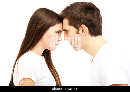 Jeune couple quarreling isolated on white Banque D'Images