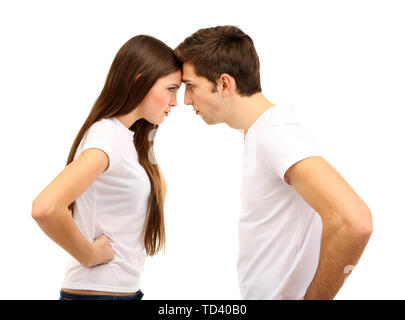 Jeune couple quarreling isolated on white Banque D'Images