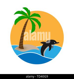 Dolphin sur l'arrière-plan d'une île tropicale, le soleil et les vagues. Logo design plat pour la décoration et Illustration de Vecteur