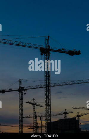 Groupe de grues de construction les bâtiments avec le Ciel de coucher du soleil sur l'arrière-plan Banque D'Images