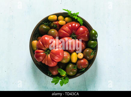 Tomates multicolores de différentes couleurs, formes et tailles dans une plaque d'argile sur la table. Fond d'été Banque D'Images