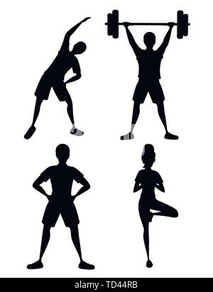 Silhouette noire ensemble de personnes dans les vêtements de sport faisant l'exercice de la force et de remise en forme. Cartoon character design. Télévision vector illustration. Illustration de Vecteur