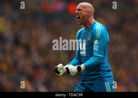 John Ruddy célèbre après Matt Doherty de Wolverhampton Wanderers marque le premier but, 0-1 - Watford v Wolverhampton Wanderers, l'Unis FA Cup Semi finale, au stade de Wembley, Londres - 7 avril 2019 Editorial Utilisez uniquement Banque D'Images