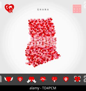 J'aime le Ghana. Motif coeurs rouges et roses Carte vectorielle du Ghana isolé sur fond gris. L'icône de l'amour ensemble. Illustration de Vecteur