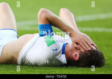 Gdynia, Pologne. 11 Juin, 2019. Andrea Pinamonti réagit de l'Italie pendant la Coupe du Monde FIFA U20 match de demi-finale entre l'Ukraine et l'Italie à Gdynia, Pologne, 11 juin 2019. L'Ukraine a gagné 1-0 pour entrer dans la finale. Credit : Piotr Matusewicz/Xinhua/Alamy Live News Banque D'Images