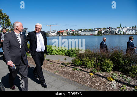 Reykjavik, Islande. 12 Juin, 2019. Le président, Frank-Walter Steinmeier et Herbert Beck (l), l'Ambassadeur d'Allemagne à l'Islande, visitez la maison d'hôtes du gouvernement islandais. Président M. Steinmeier et son épouse sont sur une visite d'Etat de deux jours à l'Islande. Crédit : Bernd von Jutrczenka/dpa/Alamy Live News Banque D'Images