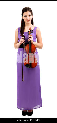 Belle jeune fille au violon, isolated on white Banque D'Images