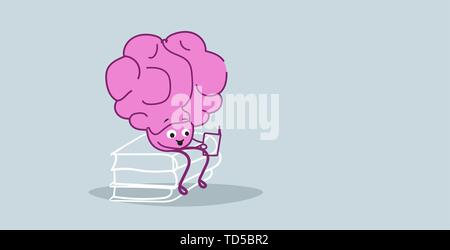 Cerveau humain mignon assis sur les livres d'orgue rose pile personnage lecture livre education concept kawaii style croquis l'horizontale Illustration de Vecteur