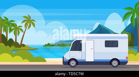 Location caravane voyageant sur la route des vacances d'été camping véhicule concept paysage plage mer île tropicale télévision d'arrière-plan Illustration de Vecteur