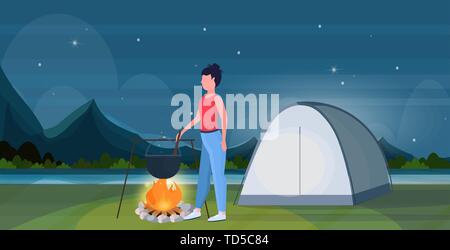 La cuisson des repas randonneur femme girl preparing food in bowler pot d'eau bouillante au camp voyageur concept randonnée Randonnée camping tente sur Paysage de nuit Illustration de Vecteur