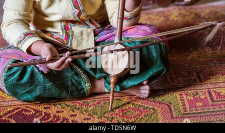 De gros plan femme jouant de l'instrument à cordes thaïlandais. Banque D'Images