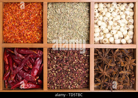 Toutes sortes d'assaisonnements, condiments chinois, high angle shot frais généraux Banque D'Images