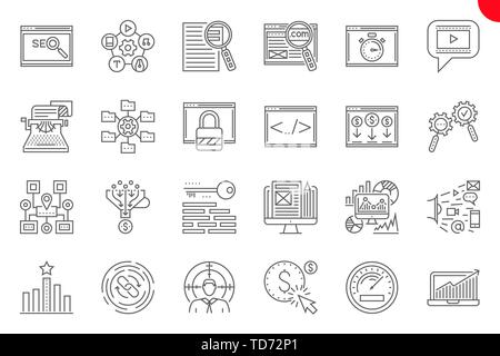 Les icônes Seo fine ligne situé sur fond blanc. Illustration de Vecteur