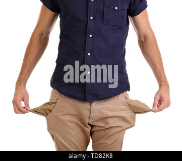 Man showing his poches vides, isolated on white Banque D'Images