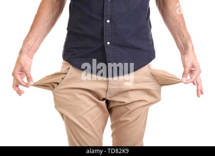 Man showing his poches vides, isolated on white Banque D'Images