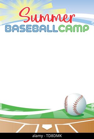 Camp de baseball l'été. Affiche de modèle avec balle de baseball réaliste. Place pour votre message texte. Vector illustration. Illustration de Vecteur