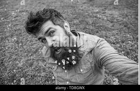 Hipster sur visage rieur est assis sur l'herbe, defocused. Homme avec barbe, pré vert printemps bénéficie d'arrière-plan. Natural Beauty concept. Guy avec moins de chélidoine fleurs dans la prise de photo. selfies barbe Banque D'Images