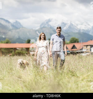 Young happy pregnant woman walking c'est Golden retriever dog en plein air dans le pré. Banque D'Images