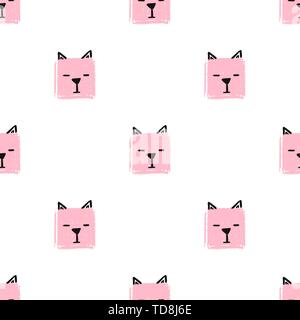 Kawaii Chats carrés modèle homogène. Vector Hand Draw background avec les visages de chats. Fond Texture crayon sans fin de carrés de couleur pastel Illustration de Vecteur