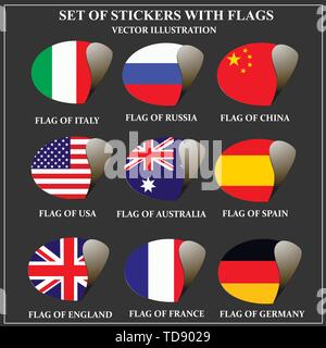 Ensemble d'autocollants lumineux avec des drapeaux. Illustration colorée avec des drapeaux du monde pour la conception web. Vector illustration sur fond noir. Illustration de Vecteur