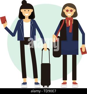 Deux touristes féminines avec les bagages et passeports standing in airport. isolé sur fond blanc. télévision stock style vector illustration. Illustration de Vecteur