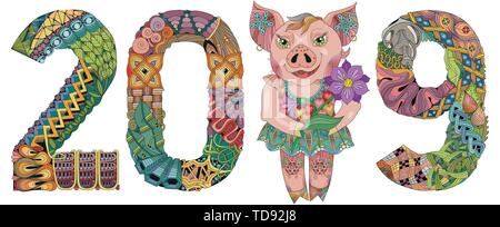 Zentangle piggy stylisé avec le numéro 2019 pour la décoration Illustration de Vecteur