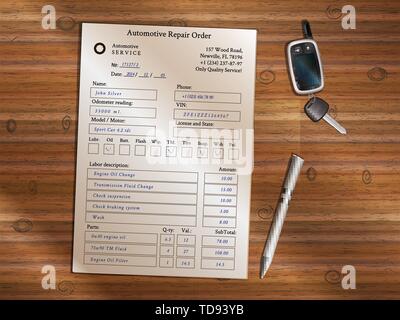 Formulaire de commande de réparation automobile rempli avec téléalarme et stylo à bille sur la table en bois. Illustration de Vecteur