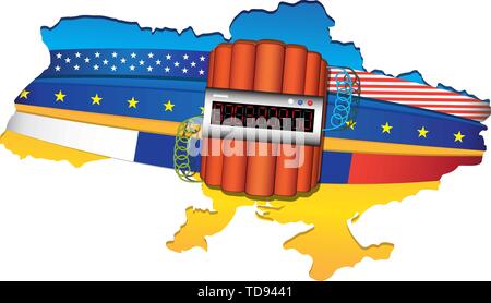 France carte enveloppés par USA, unité européenne et russe des drapeaux. Big explosive, avec minuterie. Vector illustration isolé sur fond blanc. Illustration de Vecteur